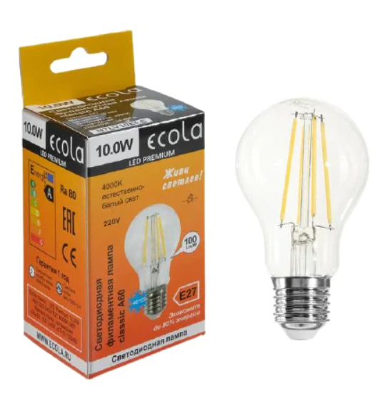 Светодиодная лампа ECOLA N7LV10ELC 10,0W ФИЛАМЕНТ A60 220-240V E27 4000K 360° прозр. нитевидная фото