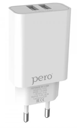 Сетевое зарядное устройство PERO TC02 2USB 2.1A белый ТС02W2A фото