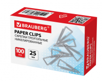 Скрепки BRAUBERG, 25 мм, никелированные, треугольные, 100 шт., в картонной коробке, 270440 фото
