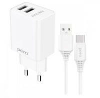 Сетевое зарядное устройство PERO TC02 2USB 2.1A c кабелем Type-C в комплекте, белый ТС02W2AT фото