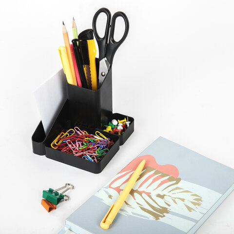 Подставка-органайзер BRAUBERG OFFICE STYLE, 4 отделения, 115х122х111 мм, черная, 238097 фото