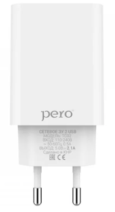 Сетевое зарядное устройство PERO TC02 2USB 2.1A белый ТС02W2A фото