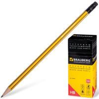 Карандаш ч/г BRAUBERG, 1 шт., НВ, с резинкой, корпус желтый с черными полосами,код 180614  фото