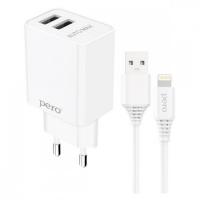 Сетевое зарядное устройство PERO TC02 2USB 2.1A c кабелем Lightning в комплекте, белый ТС02W2AL купить ЦИТ Сетевое зарядное устройство PERO TC02 2USB 2.1A c кабелем Lightning в комплекте, белый ТС02W2AL фото