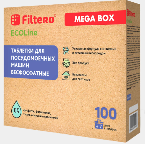 Таблетки для ПММ бесфосфатные Filtero ECOline 100+7шт., арт.724 фото