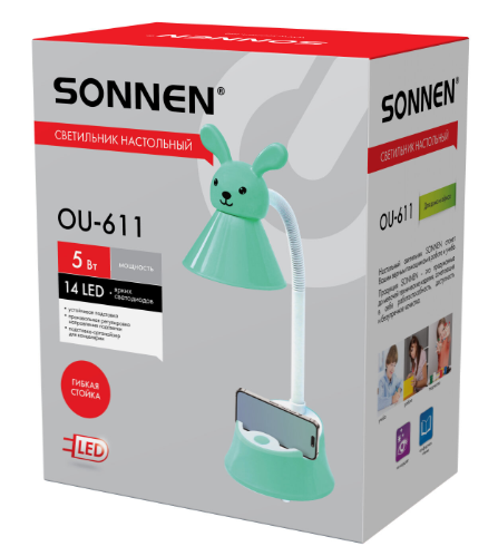 Лампа настольная SONNEN OU-611 на подставке, СВЕТОДИОДНАЯ, "SWEET BUNNY", 5 Вт, зеленый, 237642 фото