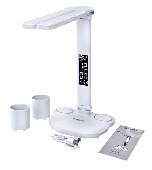 Лампа настольная SONNEN PT-203, органайзер, дисплей, 6 в 1, LED 7 Вт, белый, 238497 фото