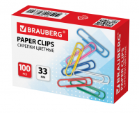 Скрепки BRAUBERG, 33 мм, цветные, 100 шт., в картонной коробке, 270444 фото