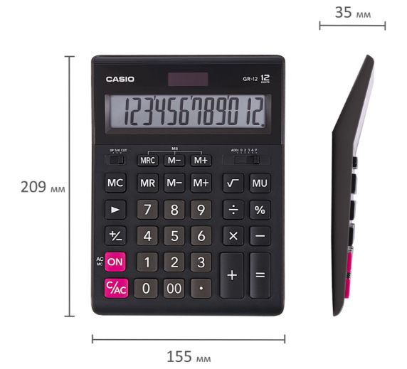 Калькулятор настольный CASIO GR-12-W (209х155 мм), 12 разрядов, двойное питание, черный, европодвес фото