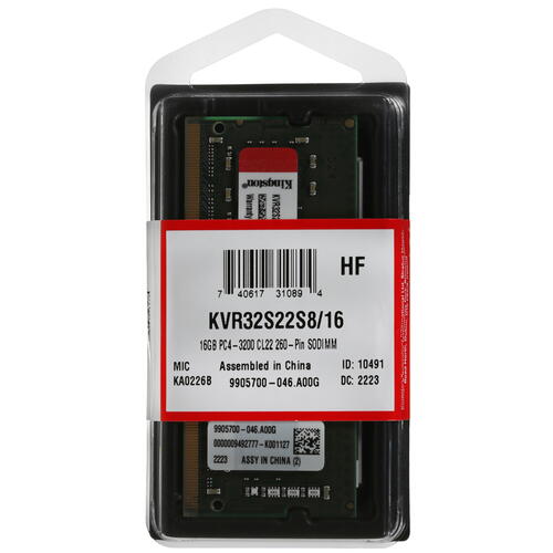 Оперативная память SO-DIMM DDR4 16Gb (PC4-25600) 3200MHz Kingston KVR32S22S8/16 фото