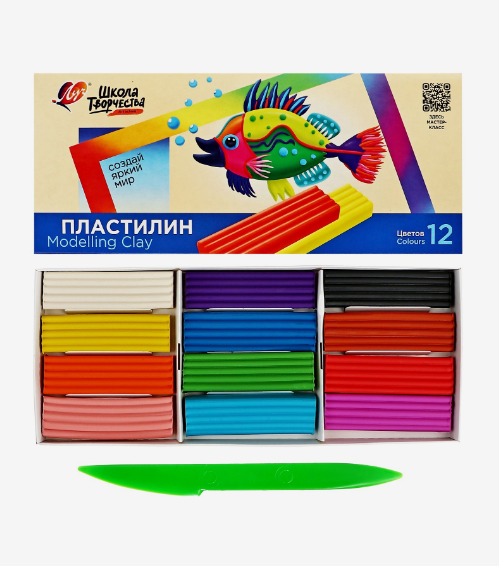 Пластилин классический ЛУЧ "Школа творчества", 12 цветов, 240 г, стек, картонная упаковка, 29С 1763- фото