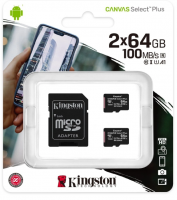 Карта памяти MicroSD 64GB Kingston Class   A1 (100 Mb/s) (SDCS2/64GB-2P1A ) Two Pack  фото