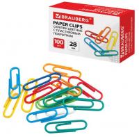 Скрепки BRAUBERG, 28 мм, цветные, 100 шт., в картонной коробке, Россия, 220555 фото