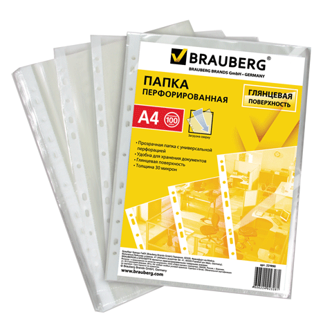 Папки-файлы перфорированные BRAUBERG, КОМПЛЕКТ 100 шт., матовые, 45 мкм, 221713 фото