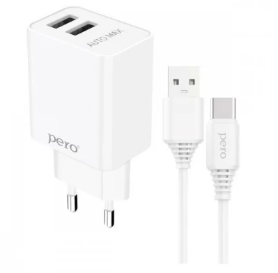 Сетевое зарядное устройство PERO TC02 2USB 2.1A c кабелем Type-C в комплекте, белый ТС02W2AT фото