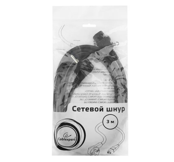 Кабель питания Cablexpert PC-186-10, Schuko-C13, 3x0.5мм2, 6A, с заземлением, 3м, черный, пакет фото