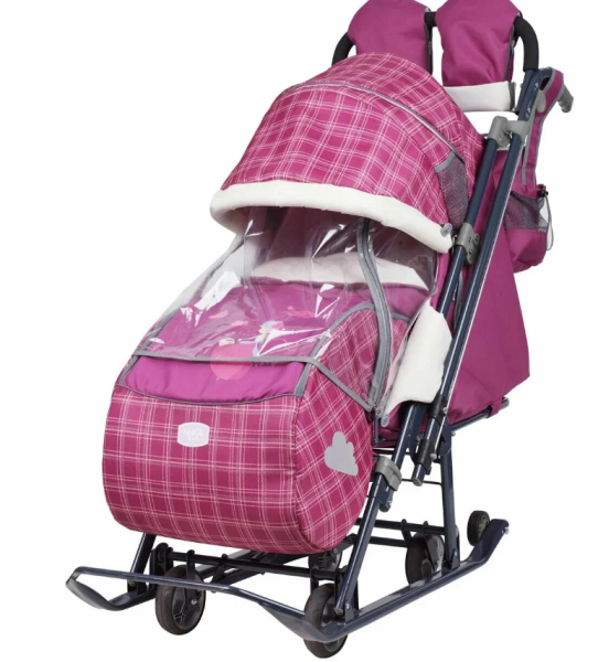 Санки-коляска Ника детям НД7-4/3 с колесом Принт: вишневый в клетку фото