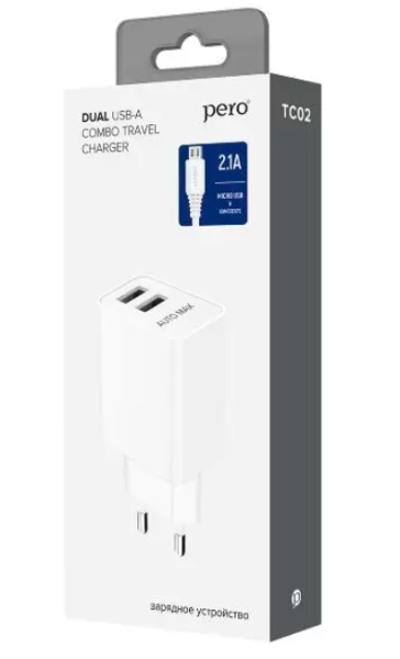 Сетевое зарядное устройство PERO TC02 2USB 2.1A c кабелем Micro USB в комплекте, белый  ТС02W2AM фото