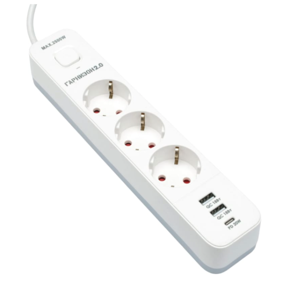 Сетевой фильтр Гарнизон 2.0 Мультипорт EPS-3-CU2-W-2, 3 р, 10А, 1xType-C PD, 2хUSB QC, 2м, ур.защиты фото