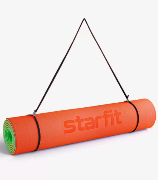 Коврик для йоги STARFIT FM-201 TPE, 183x61х0,4 см, оранжевый/зеленый фото