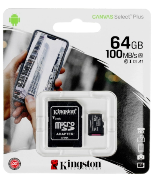 Карта памяти MicroSD 64GB Kingston Class 10 UHS-I U1 (100 Mb/s) (SDCS2/64GBSP) фото