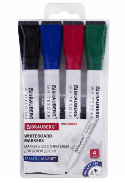 Маркеры стираемые на магните со стирателем для белой доски, 4 ЦВЕТА, BRAUBERG UNIVERSAL, 3мм, 152491 фото