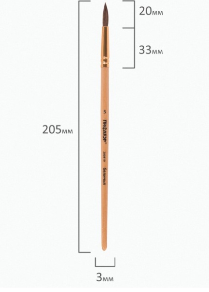 Кисть ПИФАГОР, БЕЛКА, круглая, № 5, деревянная лакированная ручка, с колпачком, 200819 фото