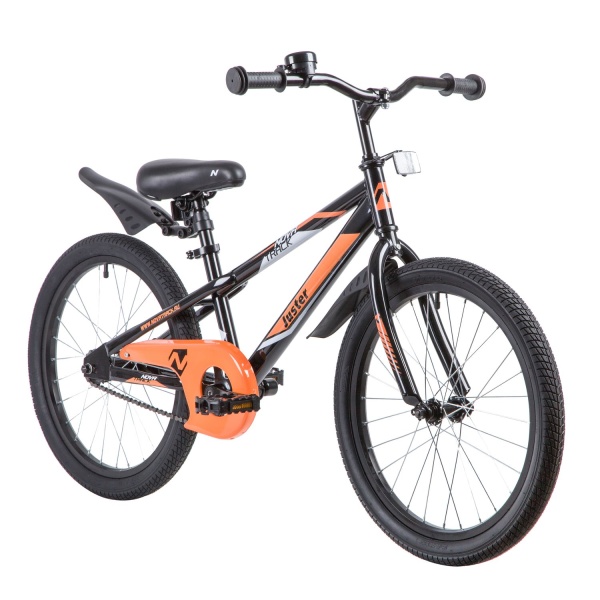 (м) Велосипед детский NOVATRACK 20"205JUSTER.BK23 чёрный, тормоз ножной, защита  А-тип, пластиковые  фото