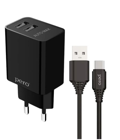 Сетевое зарядное устройство PERO TC02 2USB 2.1A c кабелем Type-C в комплекте, черный ТС02BL2AT фото