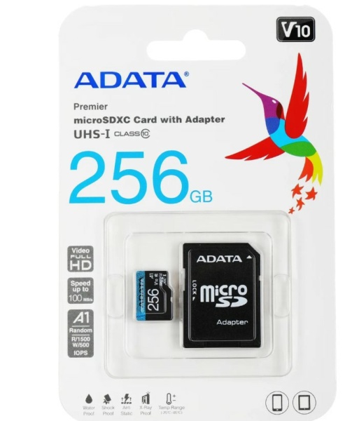 Карта памяти MicroSD 256Gb A-Data  Premier Pro (AUSDX256GUICL10A1-RA1) + adapter фото