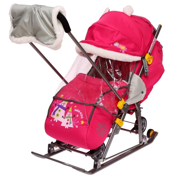 Санки-коляска Ника детям 7-6 со снеговиками розовый НД7-6/9 фото