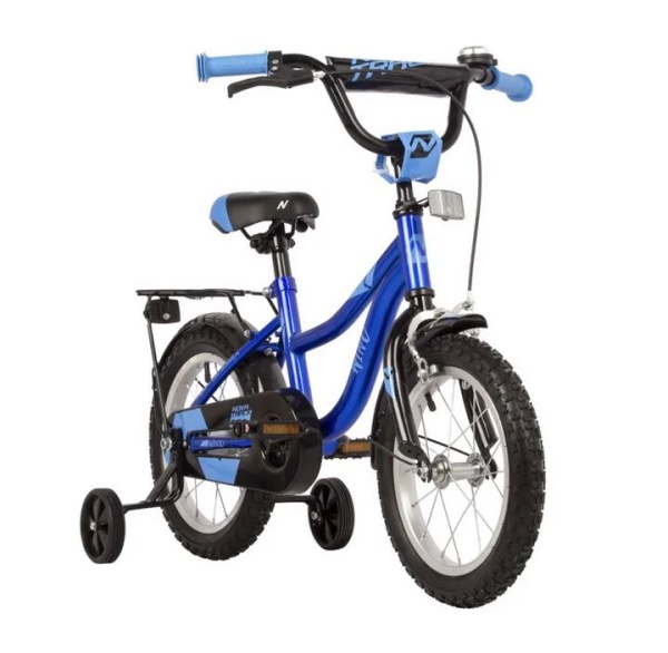 (м) Велосипед детский NOVATRACK 14"143WIND.BL22 синий, полная защита цепи, пер.ручн, зад нож тормоз. фото