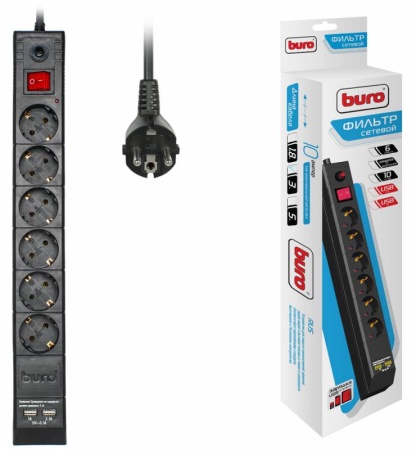 Сетевой фильтр Buro BU-SP3_USB_2A-B 3м (6 розеток) черный фото