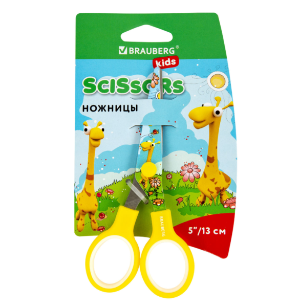 Ножницы 130 мм с цветной печатью "Жирафы", жёлтые, закругленные, BRAUBERG KIDS, 232269 фото