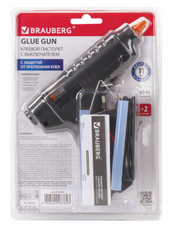 Клеевой пистолет 60 Вт для стержня 11 мм, с выключателем BRAUBERG, в блистере, 671053 фото