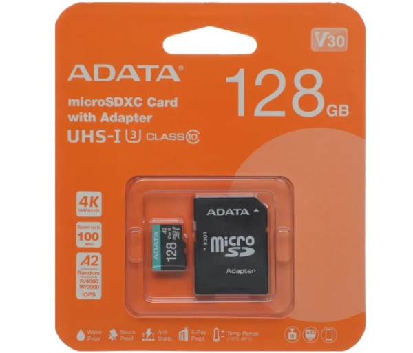 Карта памяти MicroSD 128GB A-Data  Premier Pro (AUSDX128GUI3V30SA2-RA1) + adapter фото