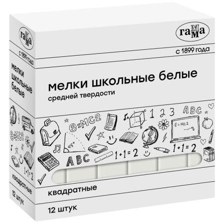 Мелки школьные Гамма, белые, 12шт., средней твердости, квадратные, картонная коробка 319174 фото