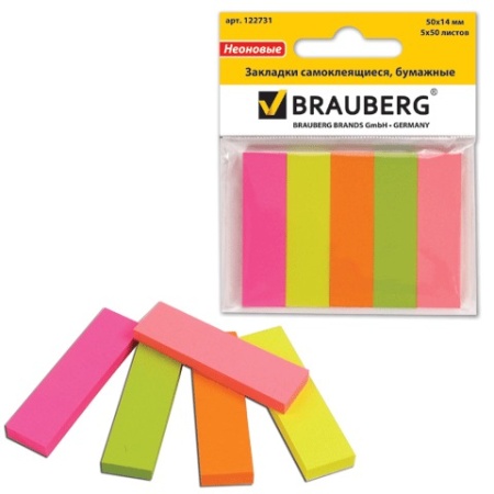 Закладки клейкие BRAUBERG НЕОНОВЫЕ бумажные, 50х14 мм, 5 цветов х 50 листов, европодвес, 122731 фото