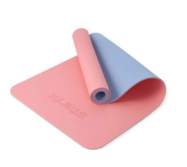 Коврик для йоги STARFIT FM-201, ТПЭ, 0,6 см, 183x61 см, розовый/голубой  фото