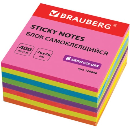 Блок самоклеящийся (стикеры), BRAUBERG, НЕОНОВЫЙ, 76х76 мм, 400 листов, 8 цветов, 126686 фото