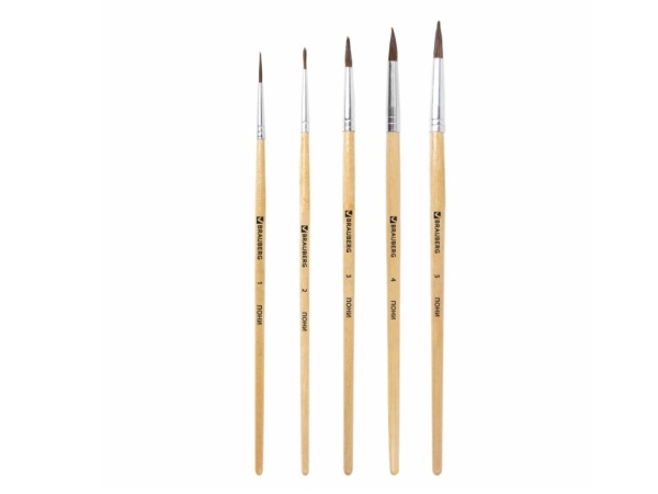 Кисти BRAUBERG, НАБОР 5шт., (из ворса пони кругл. № 1,2,3,4,5), блистер, 200222 фото