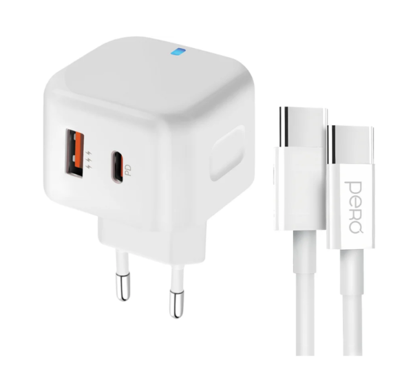 Сетевое зарядное устройство PERO TC10 USB-C 20W + USB-A +Type-C кабель белый ТС10CCWH фото