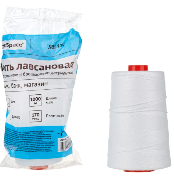 Нить для прошивки документов OfficeSpace, лавсановая, d0,7мм, 1000м, ЛШ-170, белая фото