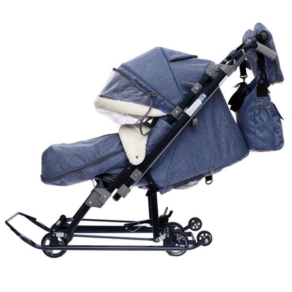Санки-коляска Ника детям НД7-8К с колесом Принт: джинс синий НД7-8К/7 фото