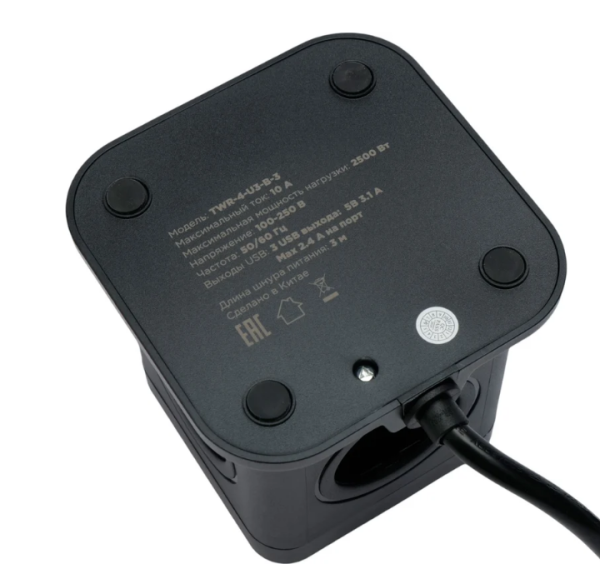 Сетевой фильтр Cablexpert Tower, TWR-4-U3-B-3 черный (4 розетки, 10А, 3xUSB, 3.1А, 3м) фото
