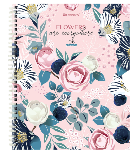 Тетрадь А5 96л. BRAUBERG гребень, клетка, твёрдая обложка, Flowers (микс в спайке), 404444 фото