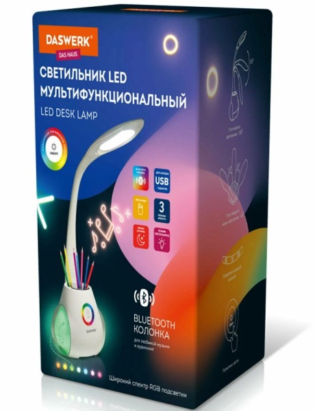 Лампа настольная с органайзером и Bluetooth колонкой, LED, 6 Вт, белый, DASWERK, 238328 фото