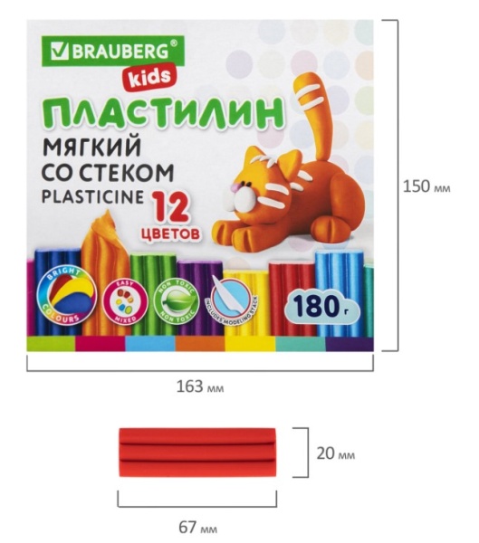 Пластилин мягкий восковой BRAUBERG KIDS, 12 цветов, 180 г, со стеком, 106495 фото