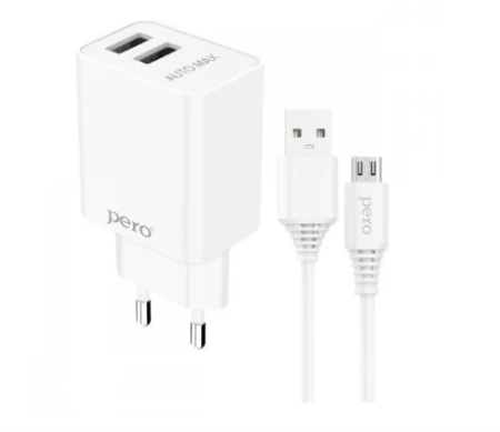 Сетевое зарядное устройство PERO TC02 2USB 2.1A c кабелем Micro USB в комплекте, белый  ТС02W2AM фото