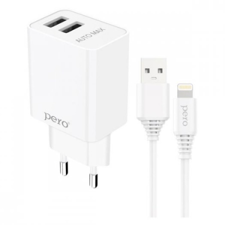 Сетевое зарядное устройство PERO TC02 2USB 2.1A c кабелем Lightning в комплекте, белый ТС02W2AL фото